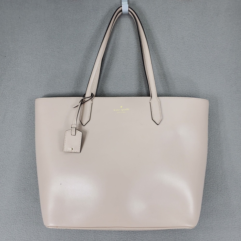 Kate Spade Leather Tote Bag Women L Beige Pink Nude Gold Logo Shoulder Bag AVA